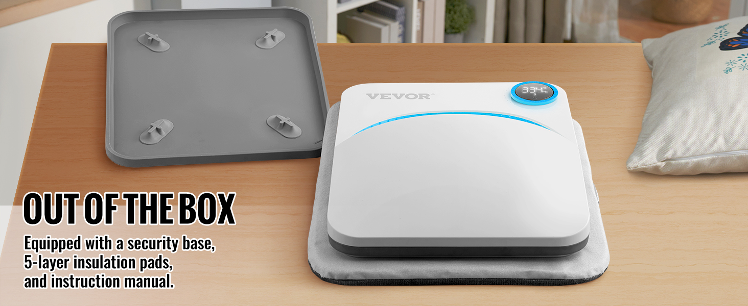 VEVOR šilumos spaudos mašina ant stalo su saugumo bazė, izoliacija pagalvėlės, ir instrukcijoje.