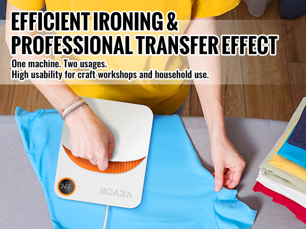 VEVOR šilumos spaudos mašina, naudojama efektyviai lyginimo mėlynos spalvos marškinėliai, kamino spalvingi drabužiai, netoliese.