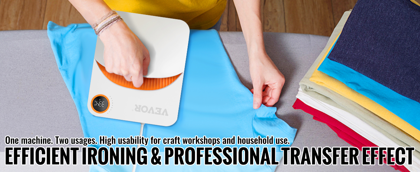 VEVOR šilumos spaudos mašina, naudojama efektyviai lyginimo mėlynos spalvos marškinėliai, kamino spalvingi drabužiai, netoliese.