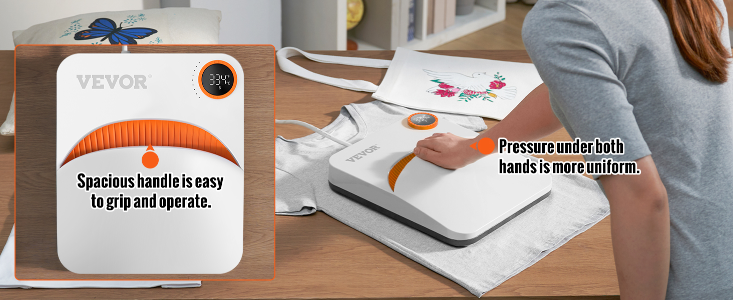 VEVOR šilumos spauda mašina su ergonomiška rankena vienodas slėgio, idealiai tinka t-shirt spausdinimas.