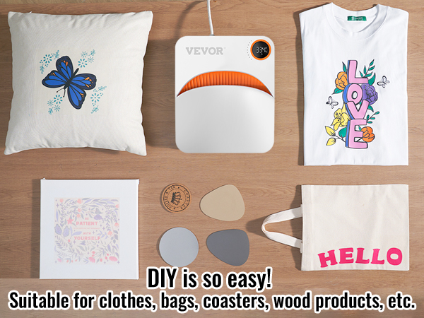 VEVOR šilumos spaudos mašinos apsuptas individualų drabužių, rankinės, padėkliukai, ir medienos produktų gamyba.