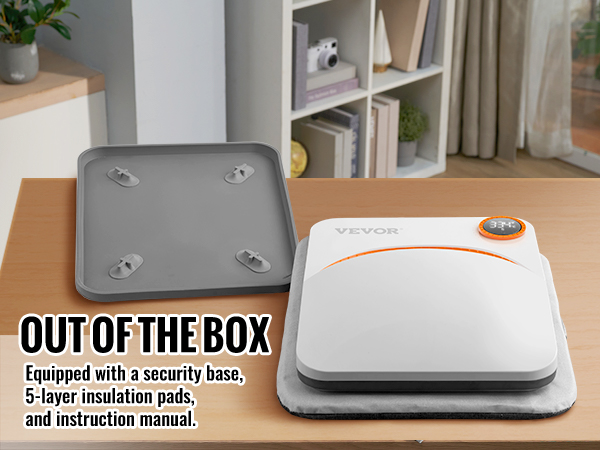 VEVOR šilumos spauda mašina su saugumo bazę, 5-sluoksnis, izoliacija, pagalvėlės, ir instrukcijoje ant stalo.