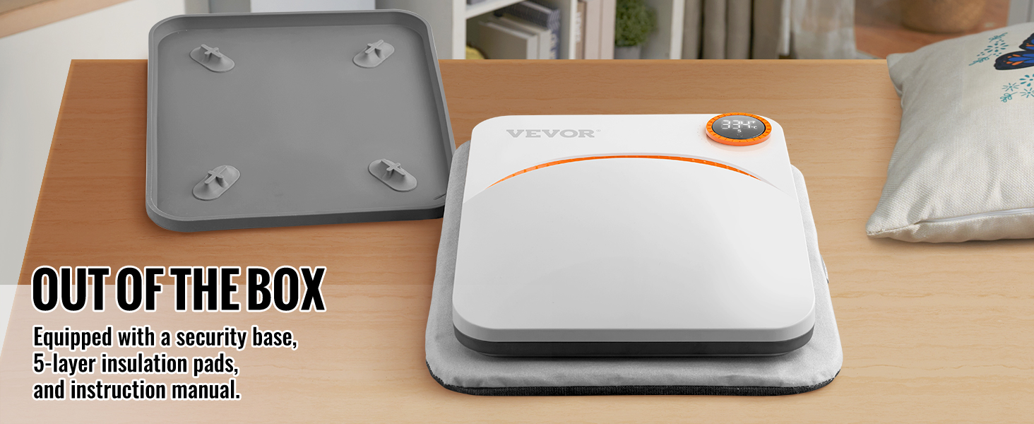 VEVOR šilumos spauda mašina su saugumo bazę, 5-sluoksnis, izoliacija, pagalvėlės, ir instrukcijoje ant stalo.