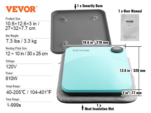 VEVOR heat press machine with security base, heat insulation mat, user manual, specifications listed.