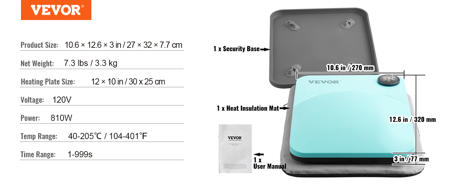 VEVOR heat press machine with security base, heat insulation mat, user manual, specifications listed.