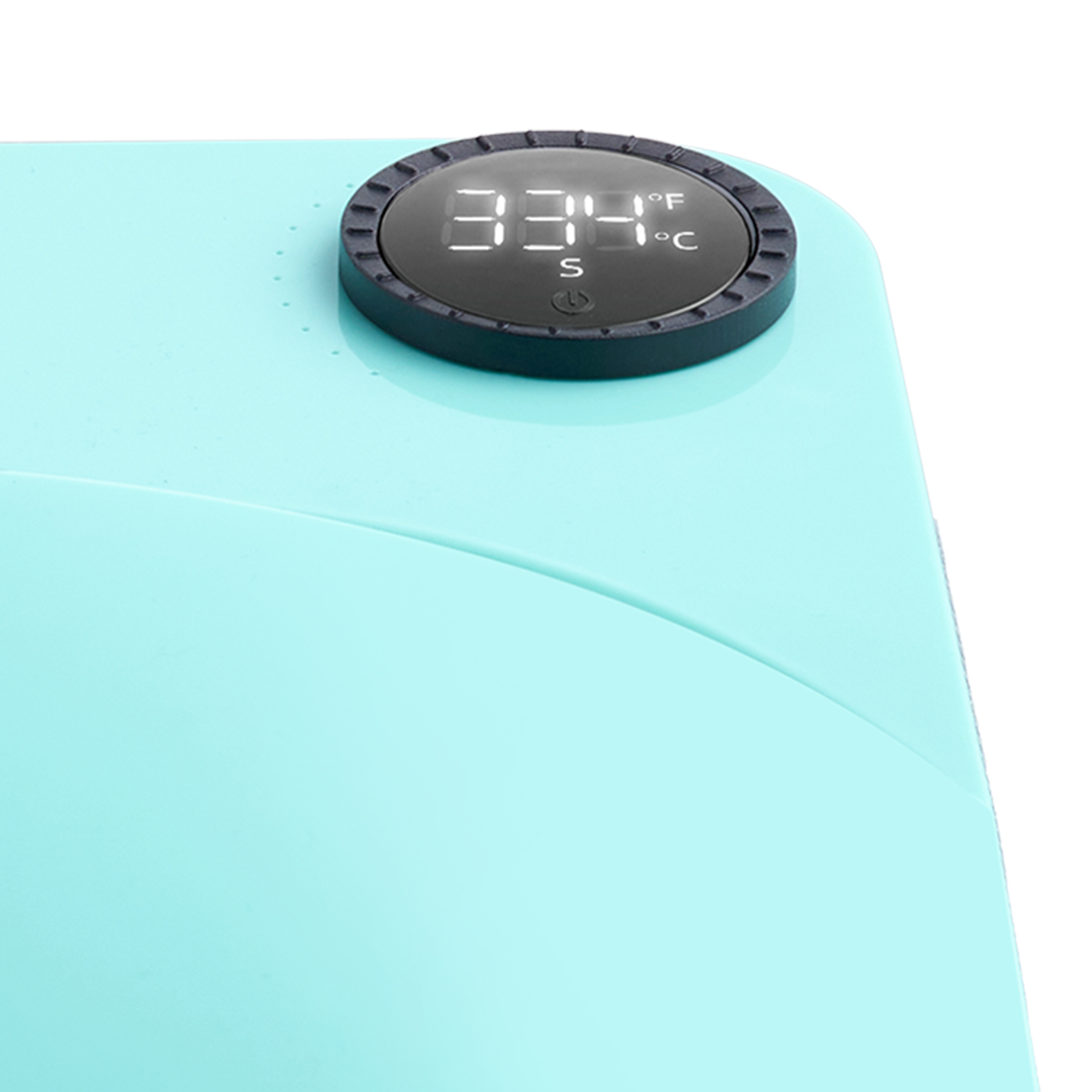 digital display of VEVOR heat press machine showing temperature and time settings on a teal surface.