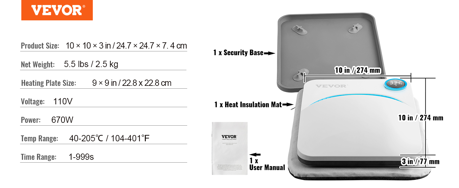 VEVOR termoprese ar piederumiem, 10x10 collu izmērs, digitālais displejs, 670 W jauda, 104-401°f temperatūras diapazons