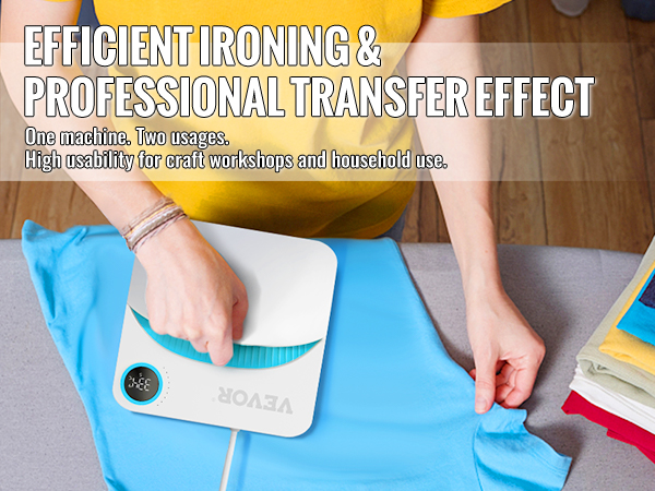 isik, kes kasutab VEVOR heat press machine on sinine särk kõrval pakk värvilisi volditud riided