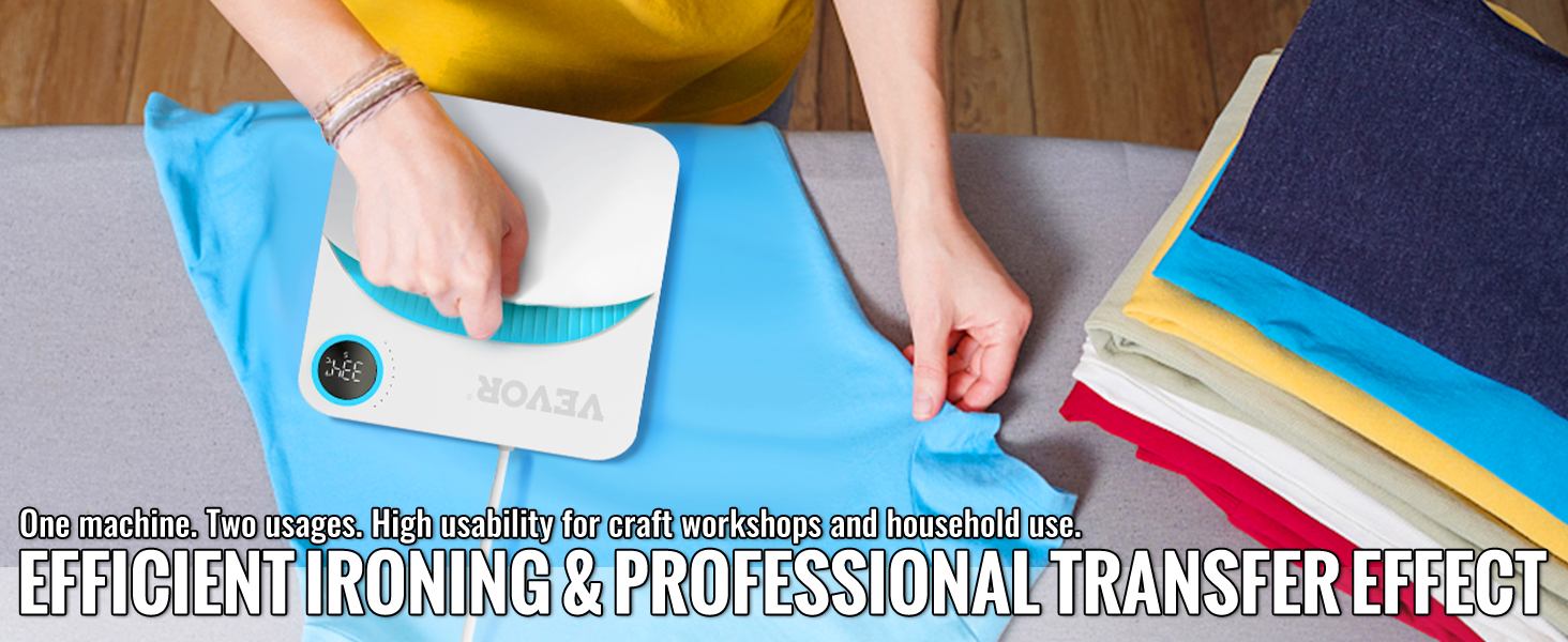 isik, kes kasutab VEVOR heat press machine on sinine särk kõrval pakk värvilisi volditud riided