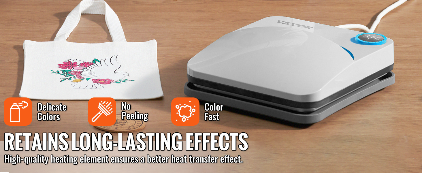 VEVOR soojuse vajutage masina kõrval trükitud kott on asetatud puidust pinnale, tuues esile õrnad värvid ja ei ole koorimine.