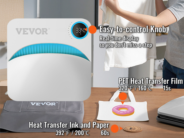 VEVOR heat press machine lihtne-to-control knob, reaalajas ekraanil, heat transfer film ja tint.