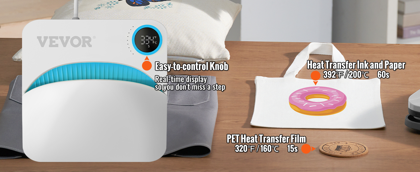 VEVOR heat press machine lihtne-to-control knob, reaalajas ekraanil, heat transfer film ja tint.