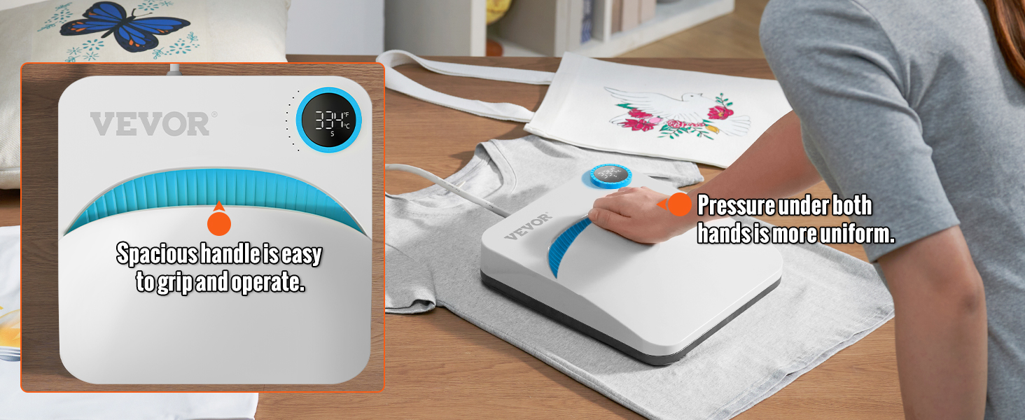 VEVOR soojuse vajutage masina avar käepide grip, kohaldades ühtseid survet kangast.