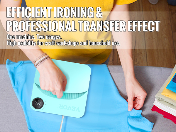 человек, использующий термопресс-машину VEVOR на ткани, кладет рядом со сложенной одеждой.