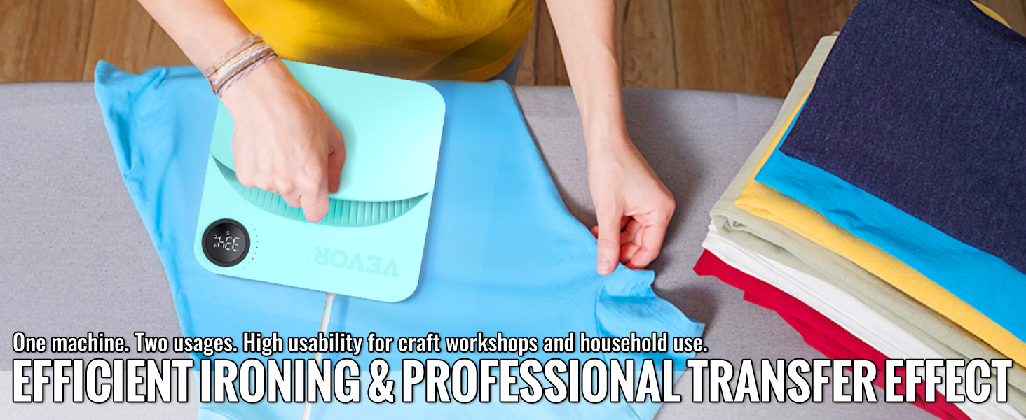 человек, использующий термопресс-машину VEVOR на ткани, кладет рядом со сложенной одеждой.