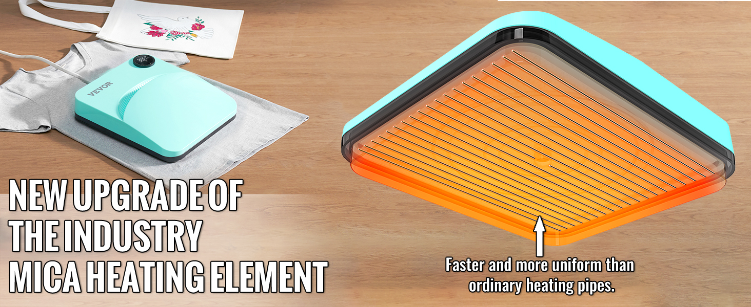 Термопресс-машина VEVOR с новым нагревательным элементом из слюды для более быстрого и равномерного нагрева деревянной поверхности.