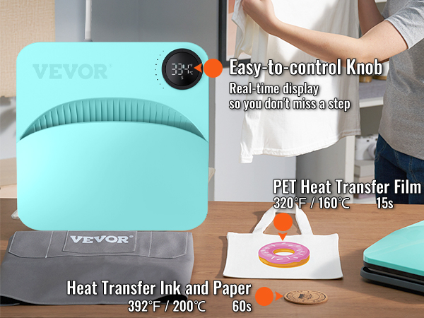 Термопресс-машина VEVOR с простой в управлении ручкой и дисплеем в режиме реального времени, отображающим настройки переноса.