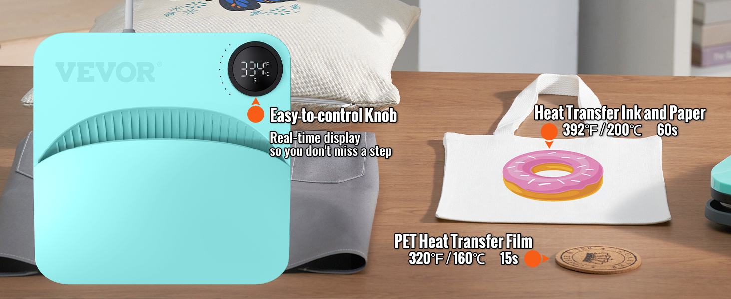 Термопресс-машина VEVOR с простой в управлении ручкой и дисплеем в режиме реального времени, отображающим настройки переноса.