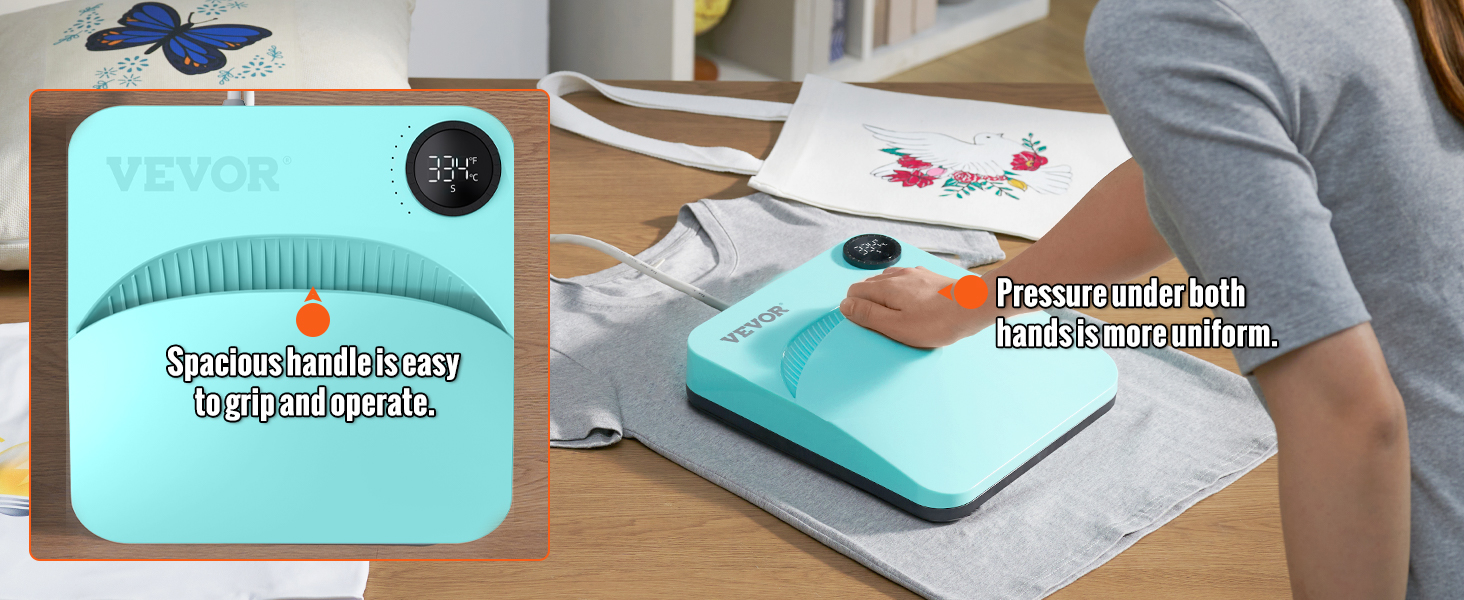 Термопресс-машина VEVOR с удобной ручкой используется для нанесения рисунков на сумки и футболки.