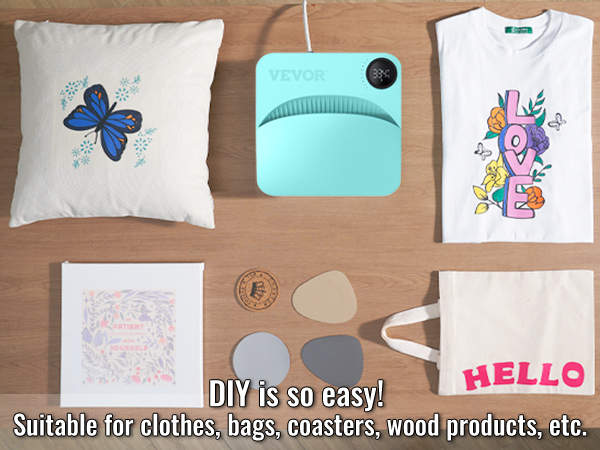 Термопресс-машина VEVOR с изделиями ручной работы: одеждой, сумками, подставками, изделиями из дерева, подушками и чашками.