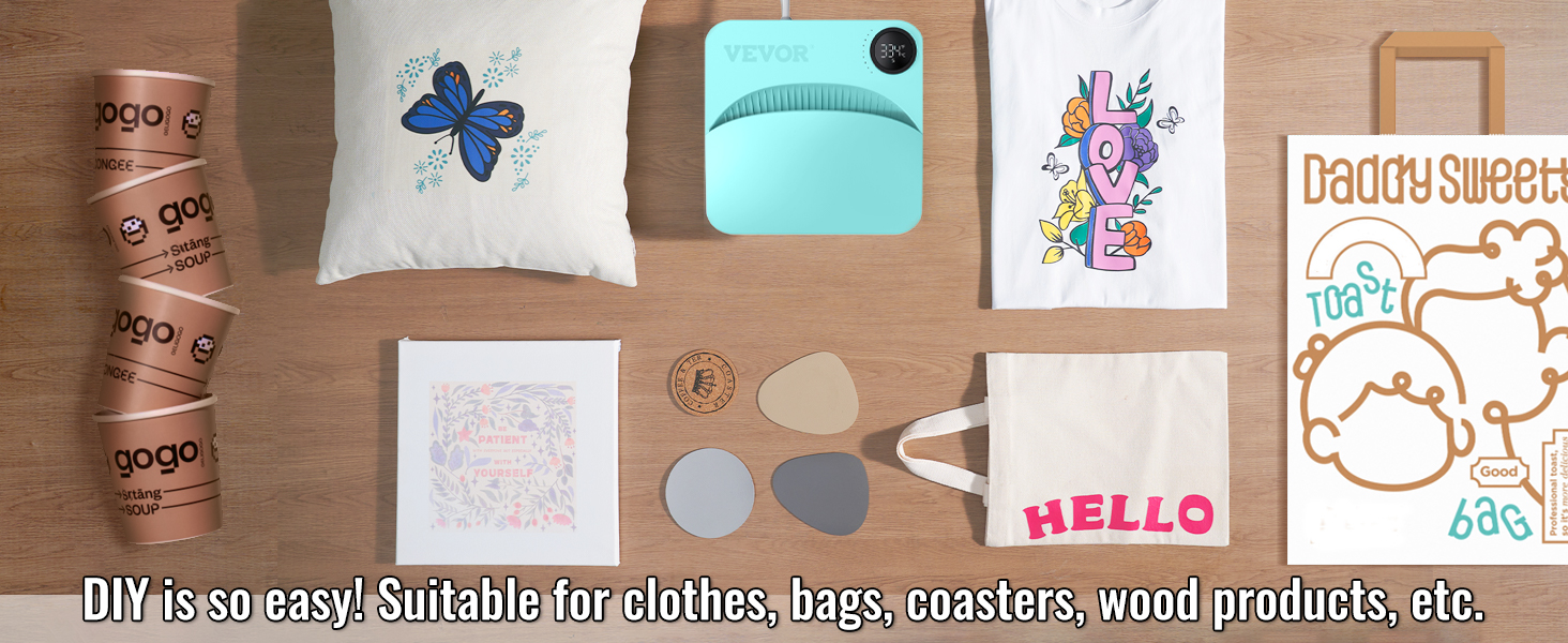Термопресс-машина VEVOR с изделиями ручной работы: одеждой, сумками, подставками, изделиями из дерева, подушками и чашками.