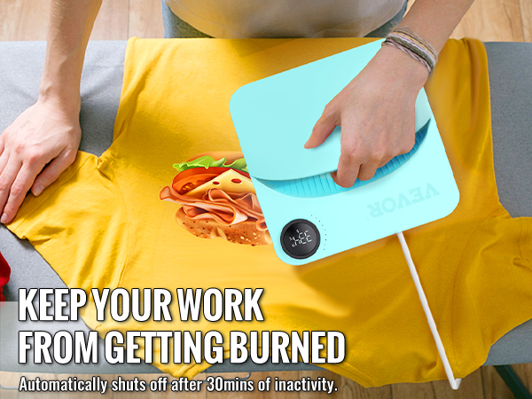 человек, использующий термопресс VEVOR на желтой футболке с принтом бургера.