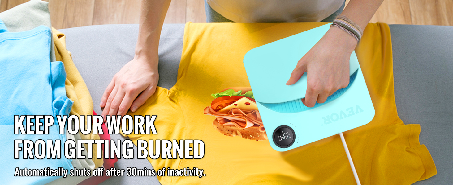 человек, использующий термопресс VEVOR на желтой футболке с принтом бургера.