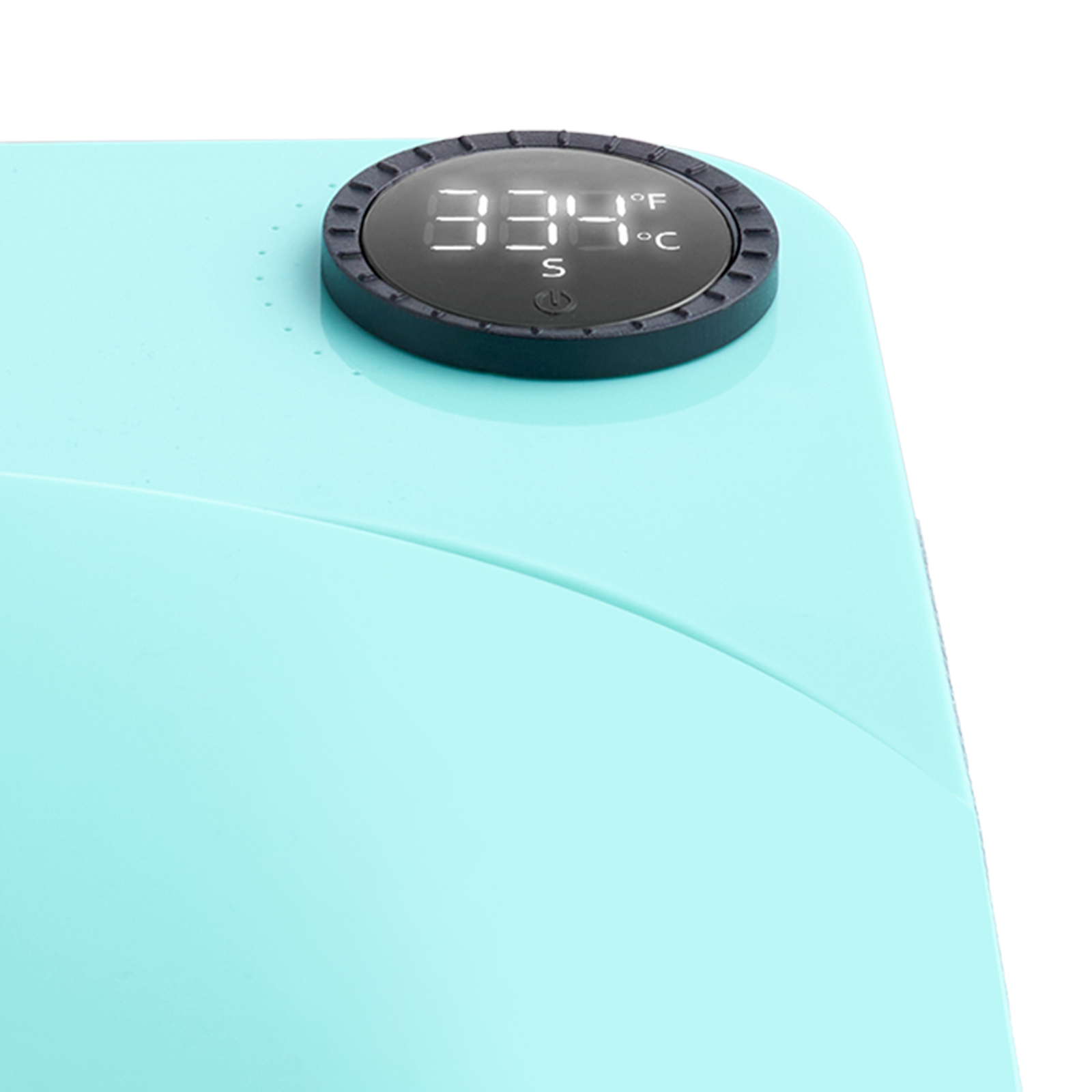 digital display of the turquoise VEVOR heat press machine showing 334°f and temperature controls.