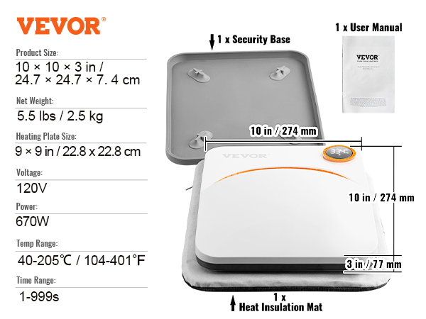 VEVOR heat press machine, 10x10 in, 670w, 120v, includes security base, insulation mat, user manual.