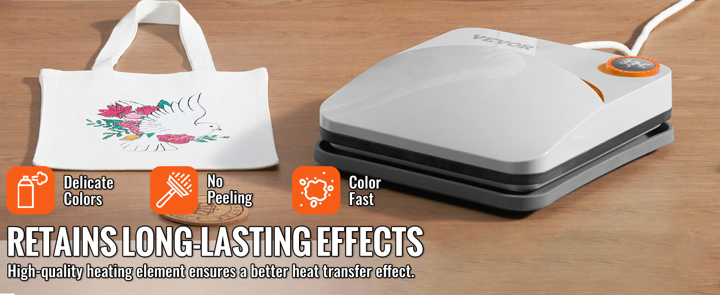 VEVOR šilumos spaudos mašina šalia balta nešti maišą su spalvingas paukštis dizainas, pabrėždamas, energingas, ilgalaikis spaudinių.