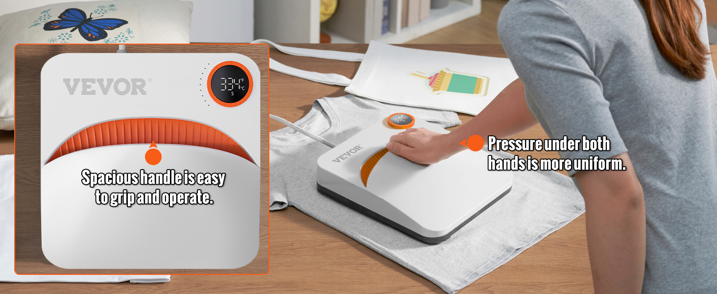 moteris, naudojant VEVOR šilumos spauda mašina su rankena erdvus vienodas spaudimas t-shirt dizainas.