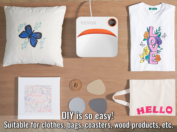 VEVOR šilumos spaudos mašina lengvai pasidaryk pats ant drabužių, rankinės, padėkliukai, medienos gaminiai, ir daugiau.
