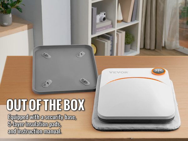 VEVOR šilumos spaudos mašina ant stalo su saugumo bazė, izoliacija pagalvėlės, ir instrukcijoje.