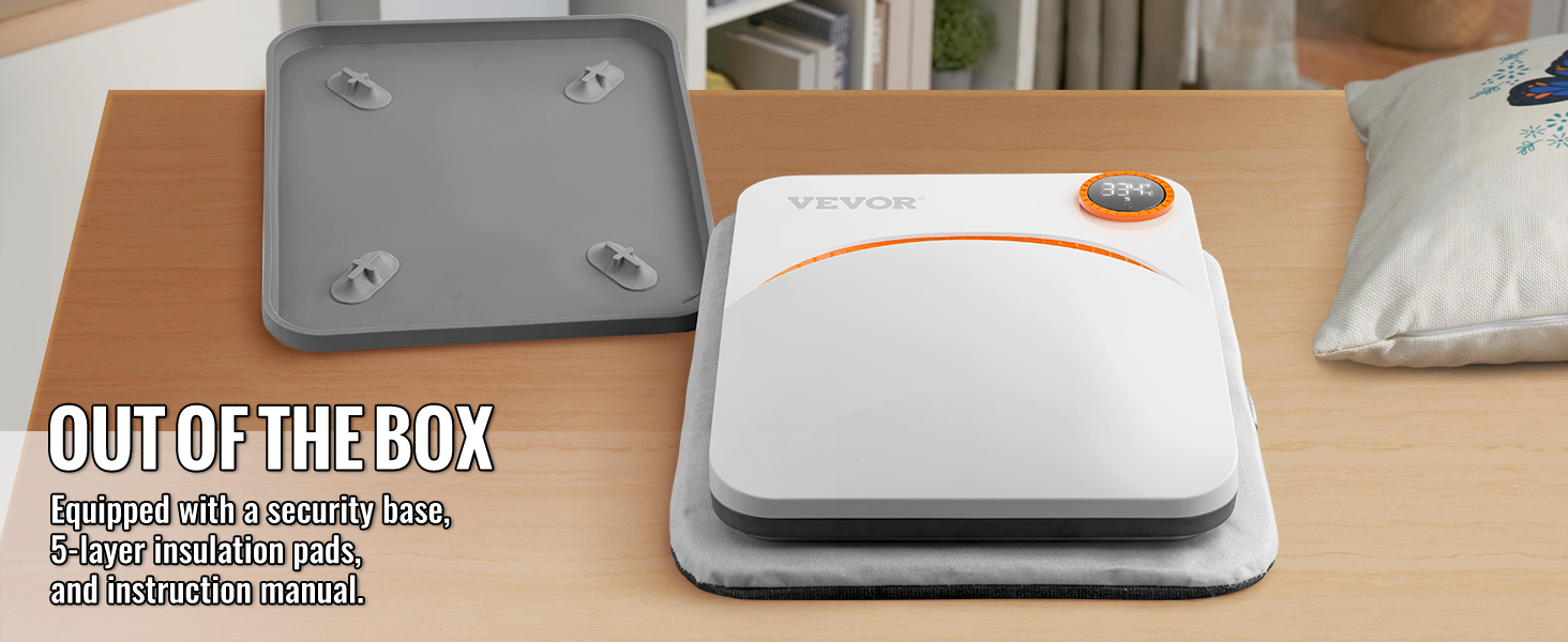 VEVOR šilumos spaudos mašina ant stalo su saugumo bazė, izoliacija pagalvėlės, ir instrukcijoje.