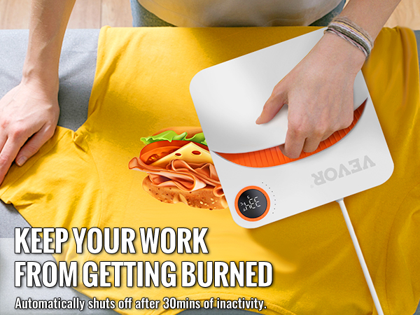 VEVOR šilumos spaudos mašinos paspaudus geltonos spalvos marškinėliai su hamburger dizainas, pabrėžiantis saugos funkcija.