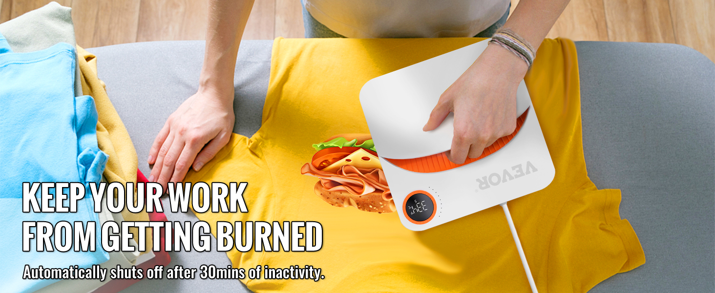 VEVOR šilumos spaudos mašinos paspaudus geltonos spalvos marškinėliai su hamburger dizainas, pabrėžiantis saugos funkcija.