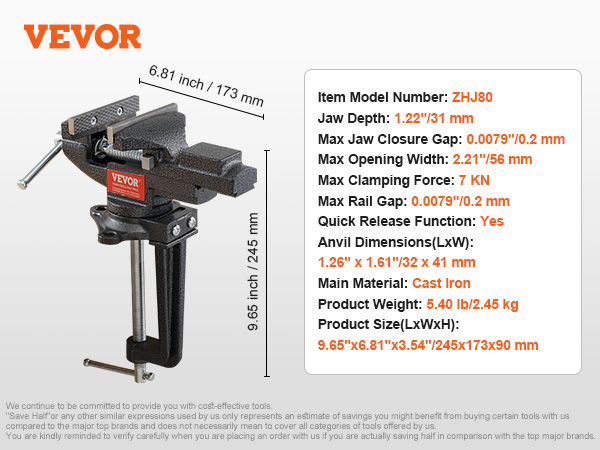 VEVOR bench vise model zhj80, cast iron, 9.65"x6.81"x3.54", 5.40 lb, quick release, 7 kn force.