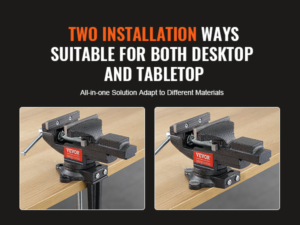 VEVOR bench vise installed on a desktop and tabletop, showcasing two versatile installation options.