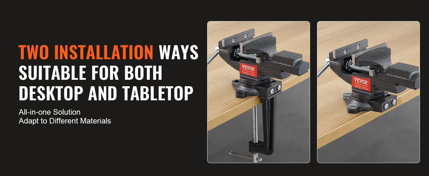 VEVOR bench vise installed on a desktop and tabletop, showcasing two versatile installation options.