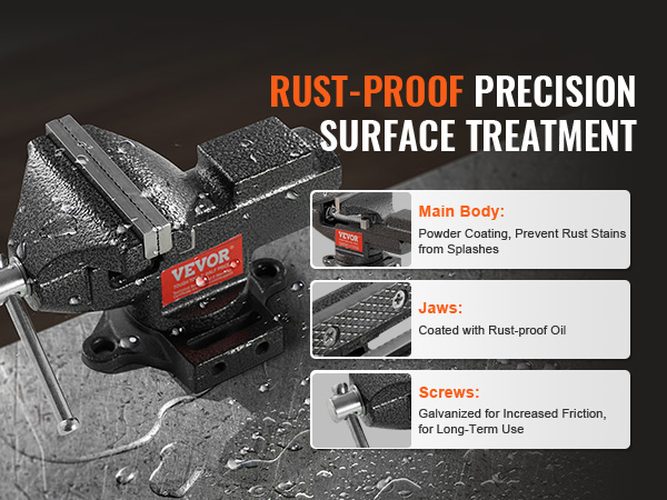 VEVOR bench vise with rust-proof precision surface treatment, powder-coated body, and rust-proof jaws.