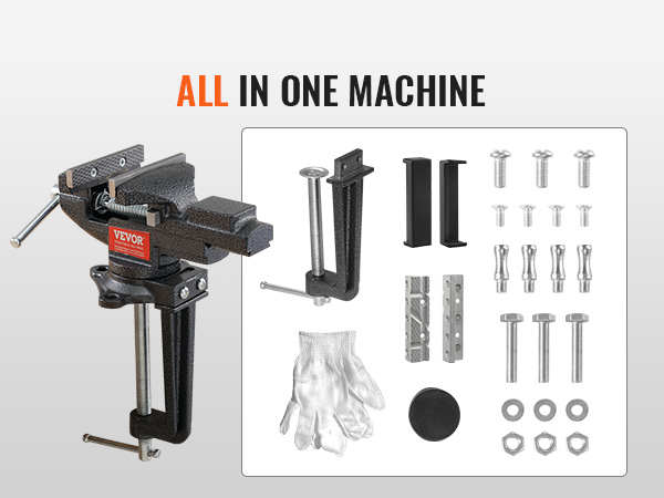 VEVOR bench vise with accessories including bolts, nuts, washers, gloves, and mounting brackets.