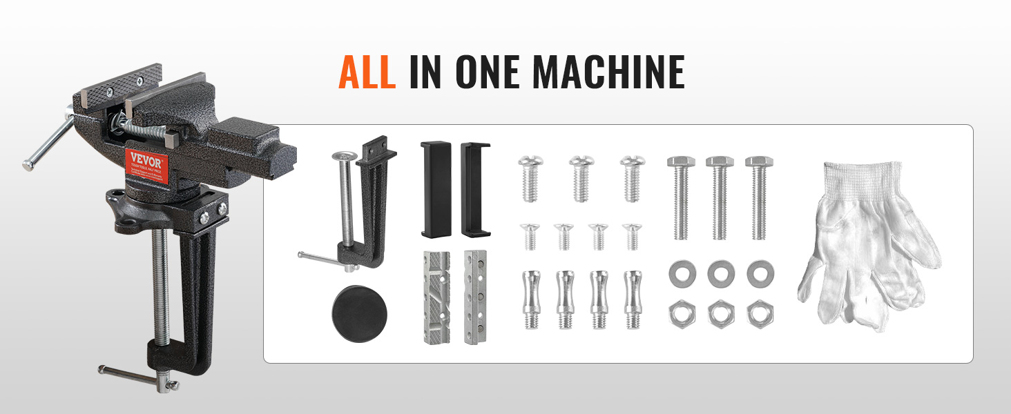 VEVOR bench vise with accessories including bolts, nuts, washers, gloves, and mounting brackets.