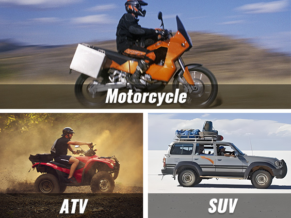 motociklu, atv un suv dažādos apvidos, demonstrējot piedzīvojumu brīvā dabā ar VEVOR ūdens kannu.