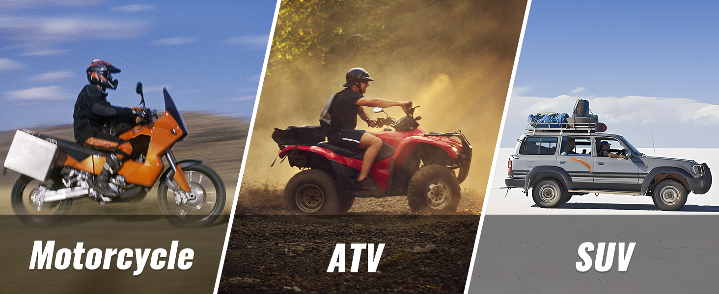 motociklu, atv un suv dažādos apvidos, demonstrējot piedzīvojumu brīvā dabā ar VEVOR ūdens kannu.