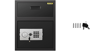 VEVOR depository safe with keypad lock, keys, and four aa batteries.