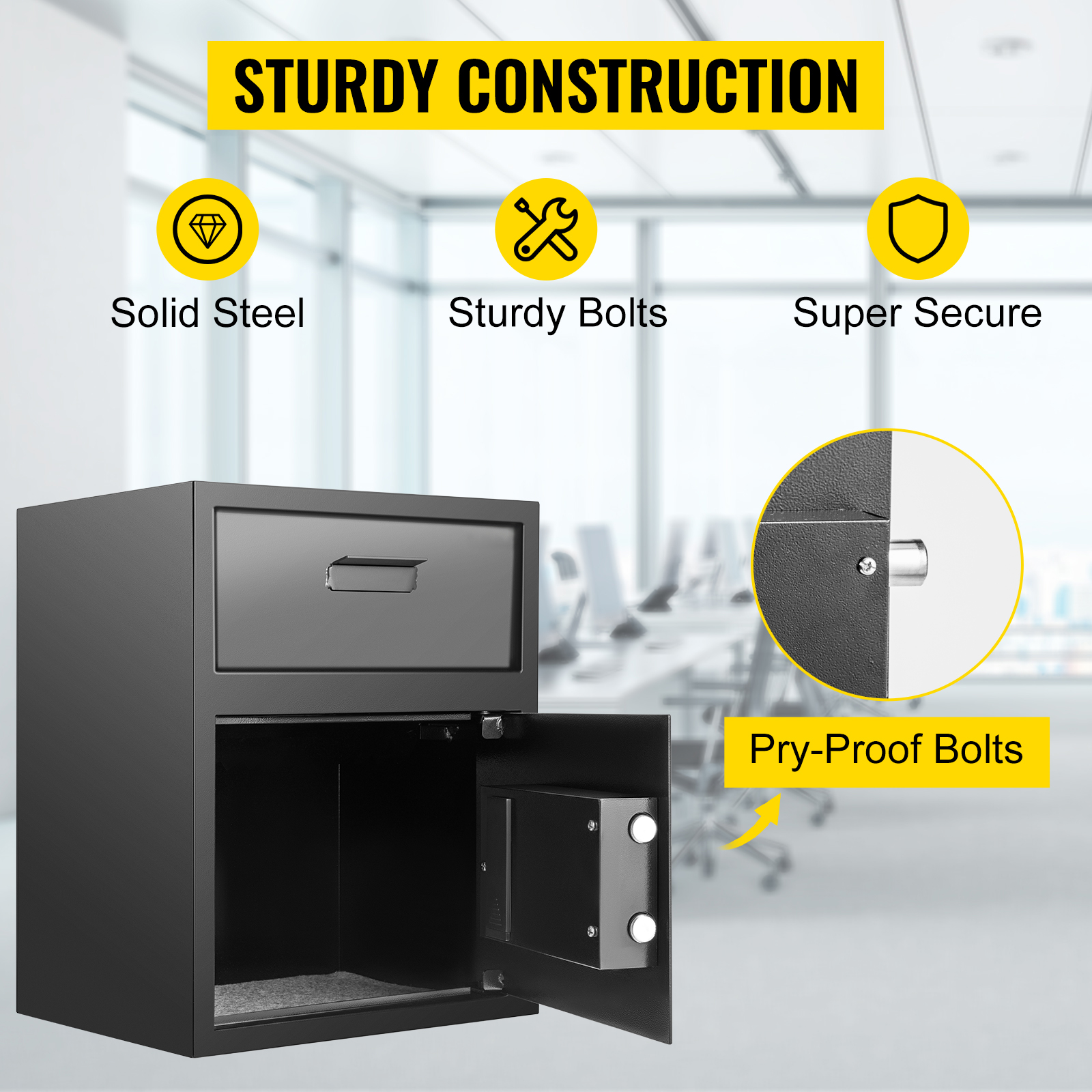 VEVOR depository safe featuring pry-proof bolts, solid steel, and sturdy construction.