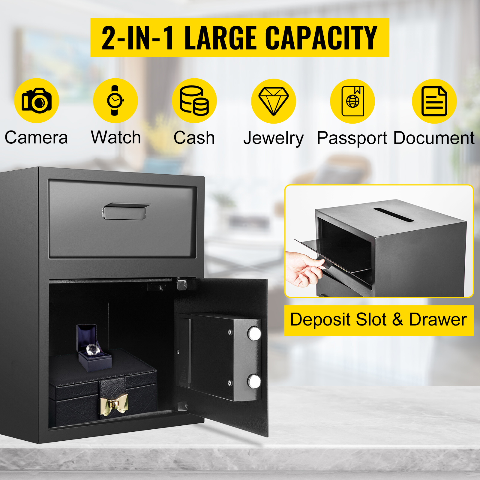 VEVOR depository safe showcasing deposit slot, drawer, and storage for valuables.