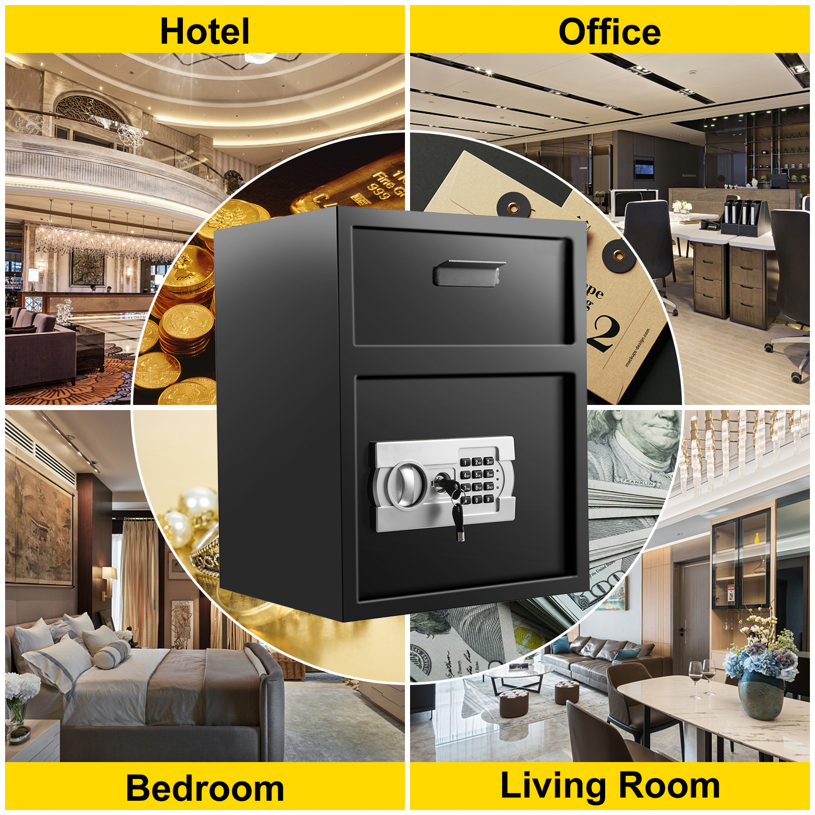 VEVOR depository safe in hotel, office, bedroom, and living room settings.