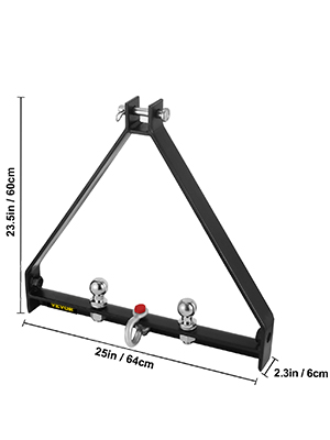 VEVOR trailer hitch with dimensions 25in x 23.5in x 2.3in and three hitch balls.