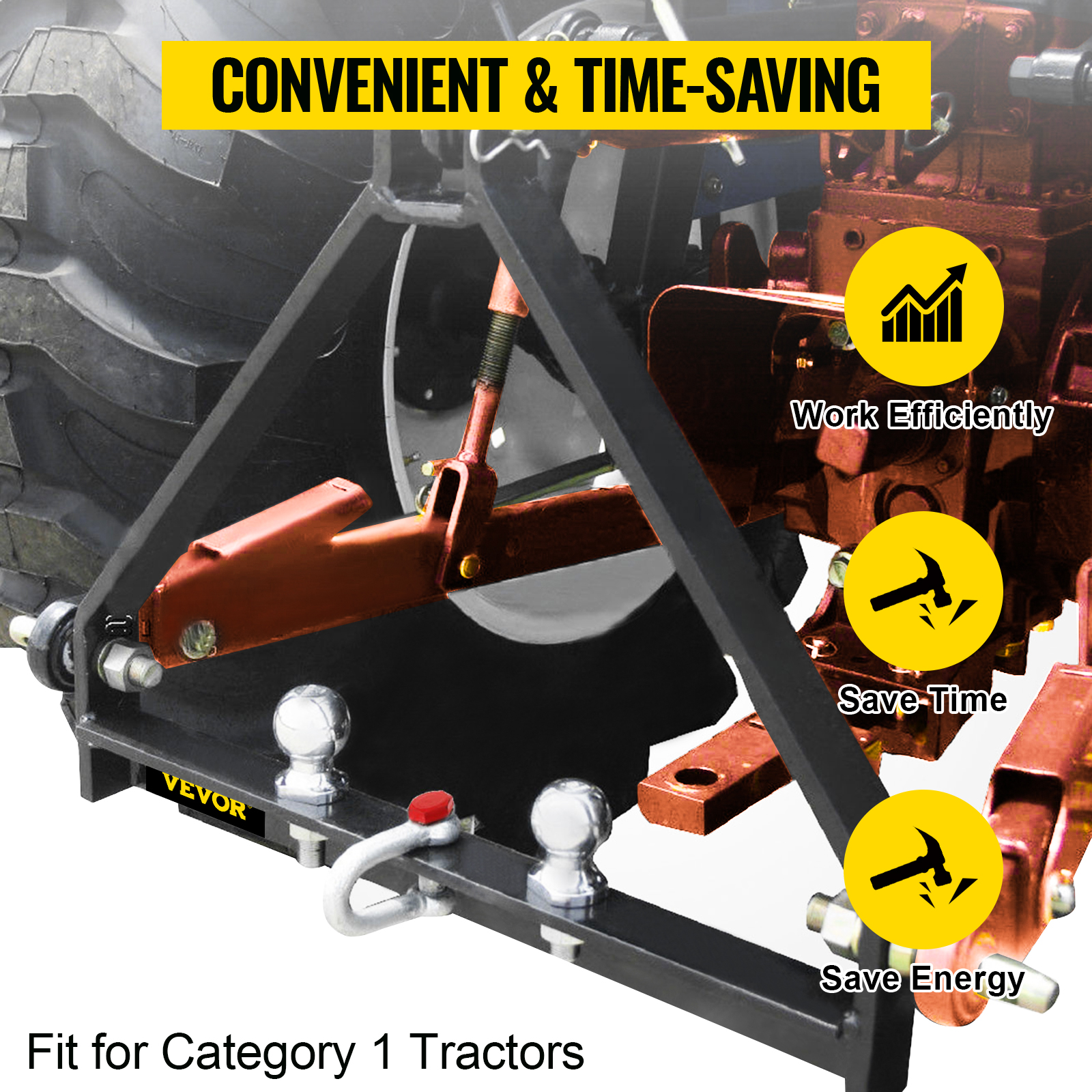 VEVOR trailer hitch for category 1 tractors, convenient and time-saving attachment.